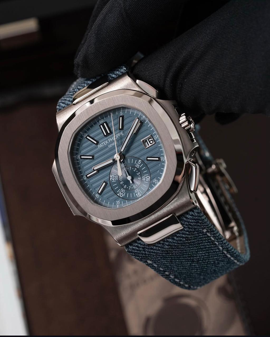 Patek Philippe Nautilus Flyback Chronograph White Gold Blue-Gray Dial 5980/60G