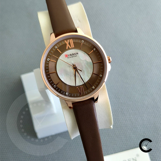 Curren 9080 Brown Leather Strap Stylish Analog Dial Ladies Watch Curren Watches / Ladies Leather Watches