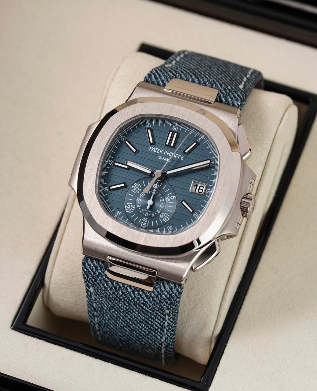 Patek Philippe Nautilus Flyback Chronograph White Gold Blue-Gray Dial 5980/60G