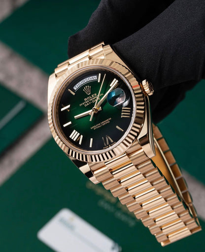 Rolex Day-Date 40 President– Green Roman Dial | 18K Yellow Gold