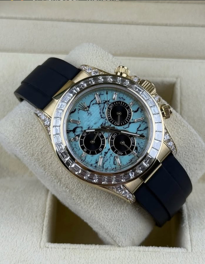 Rolex Daytona Yellow Gold Turquoise Diamond Dial & Bezel Oysterflex Strap 126538TBR